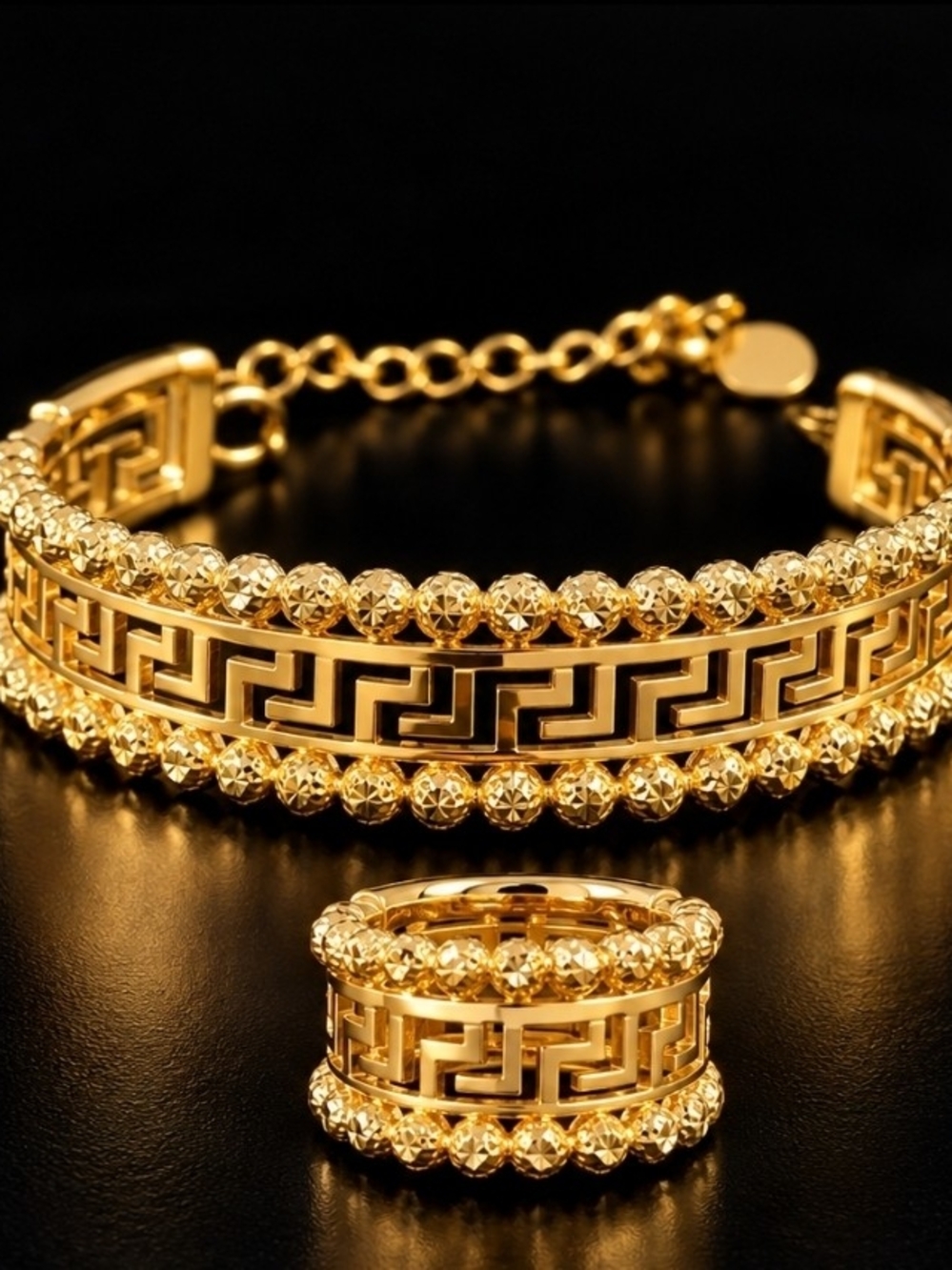 Gold Greek Key Bracelet and Ring Set - Women's Jewelry